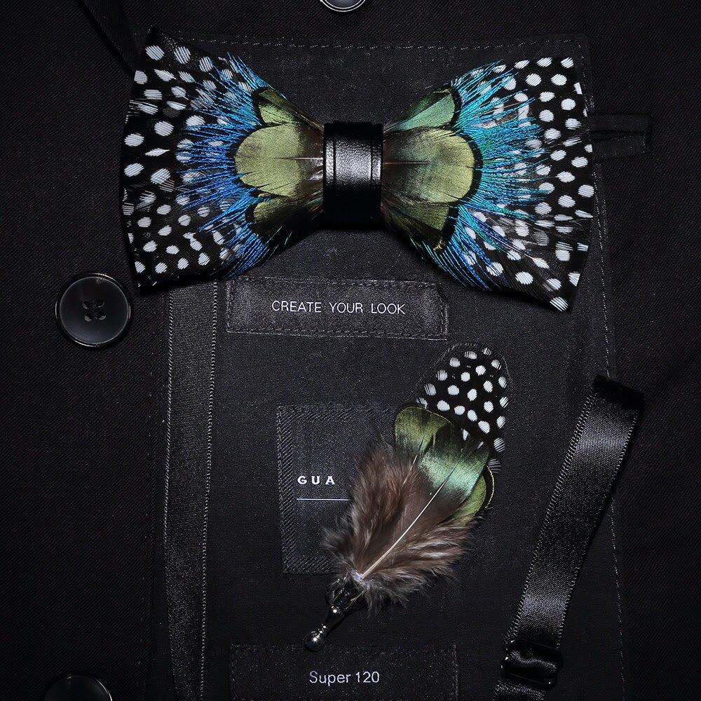 Kid's Green & Blue Polka Dots Feather Bow Tie with Lapel Pin - Image 3