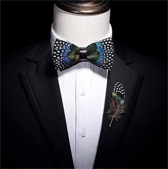 Kid's Green & Blue Polka Dots Feather Bow Tie with Lapel Pin - Image 4