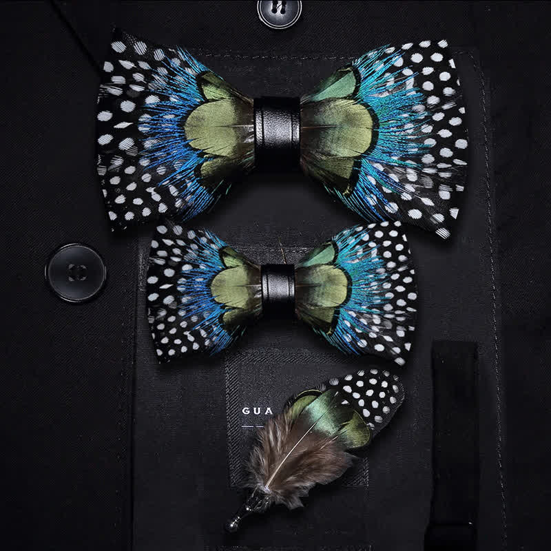 Kid's Green & Blue Polka Dots Feather Bow Tie with Lapel Pin - Image 5