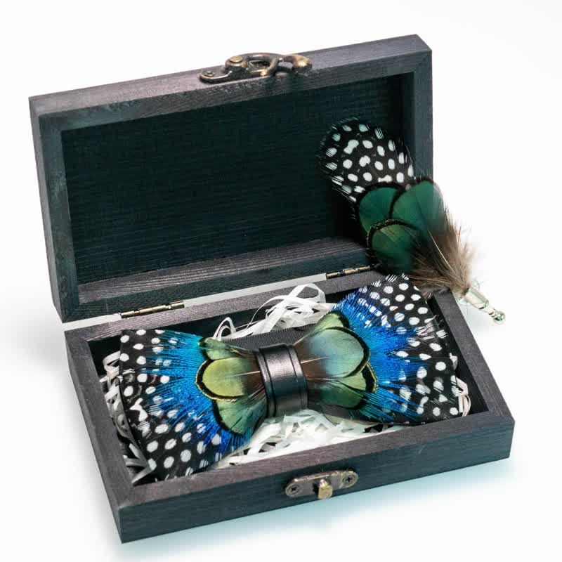Kid's Green & Blue Polka Dots Feather Bow Tie with Lapel Pin - Image 8