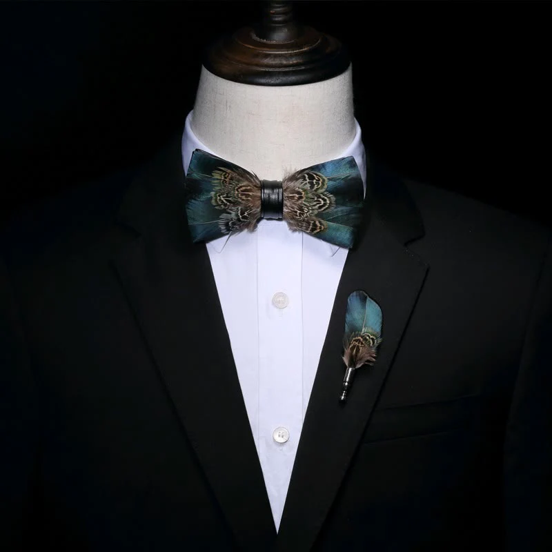 Kid's Green & Brown Vintage Feather Bow Tie with Lapel Pin - Image 5