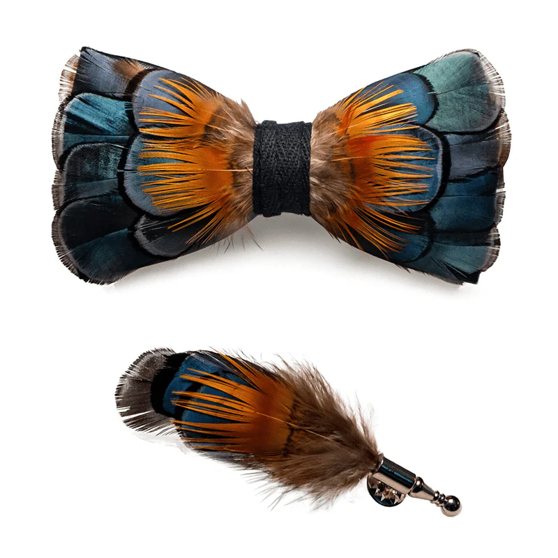 Kid's Green & Orange Sunflower Feather Bow Tie with Lapel Pin - Image 5