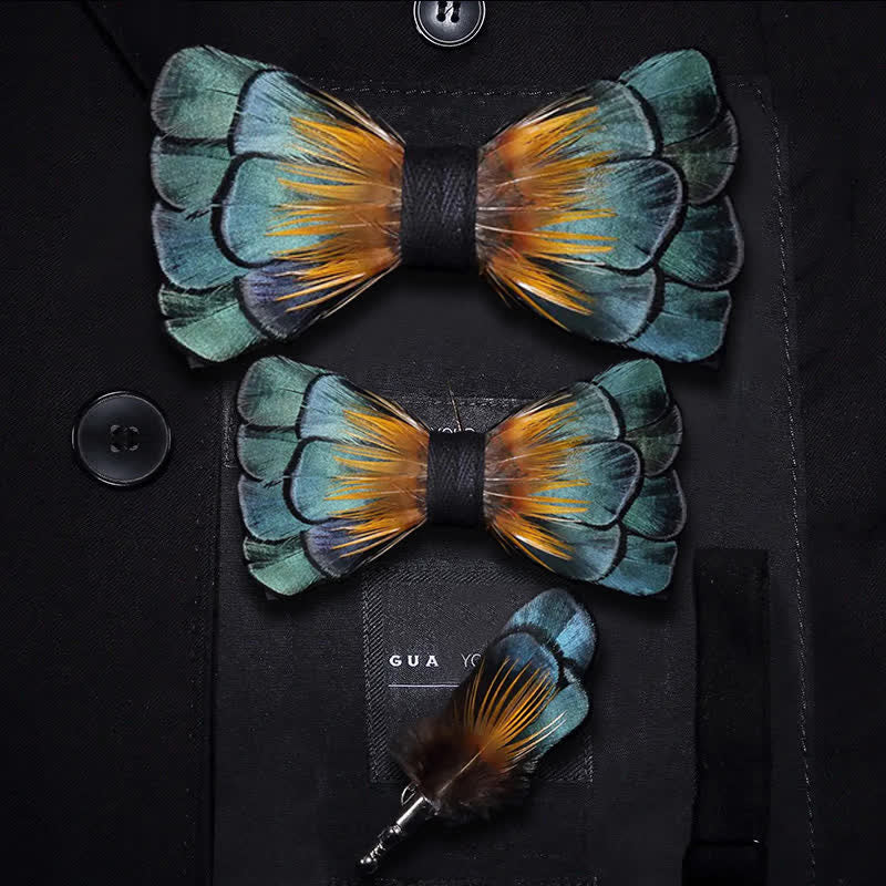 Kid's Green & Orange Sunflower Feather Bow Tie with Lapel Pin - Image 6