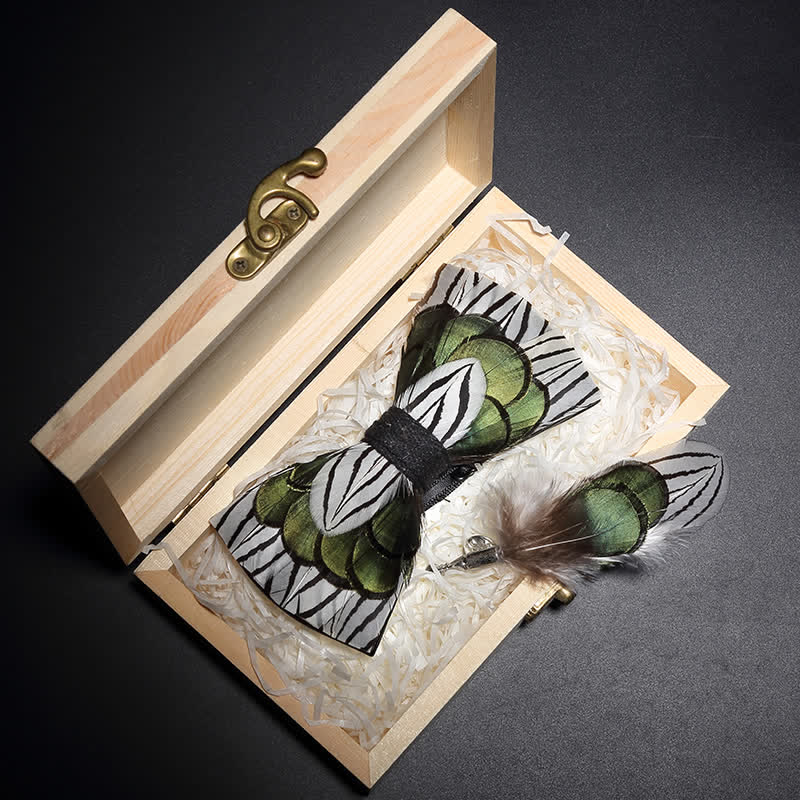 Kid's Green & White Forest Feather Bow Tie with Lapel Pin - Image 2