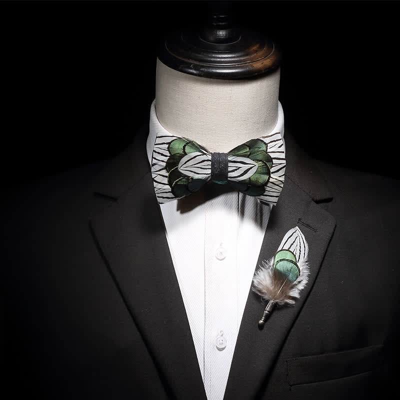 Kid's Green & White Forest Feather Bow Tie with Lapel Pin - Image 3