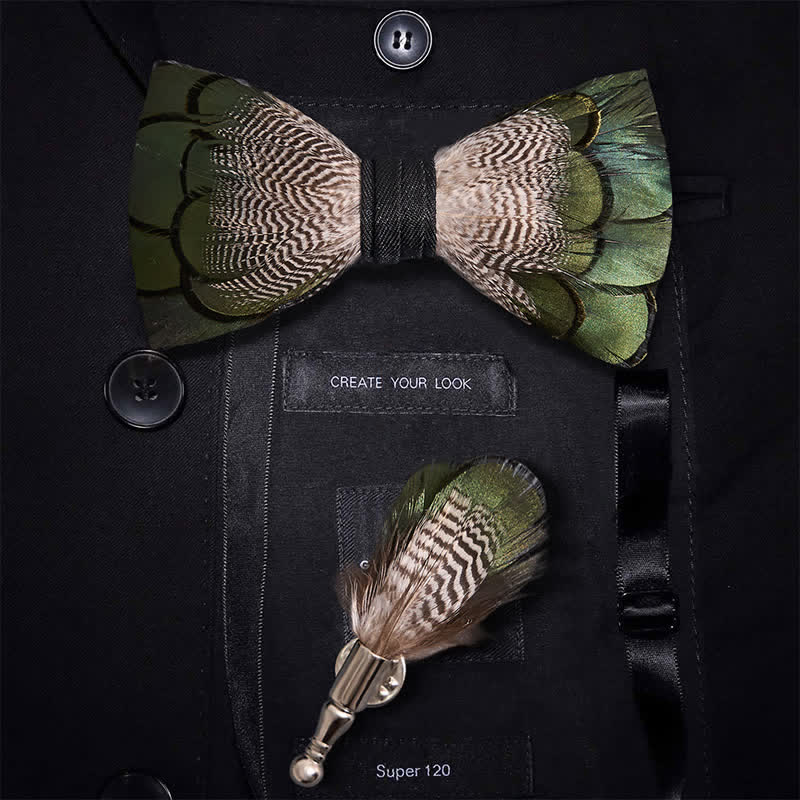Kid's Green & White Mallard Duck Feather Bow Tie with Lapel Pin - Image 2
