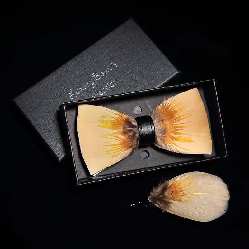 Kid's Light Yellow Quiet Feather Bow Tie with Lapel Pin - Image 2