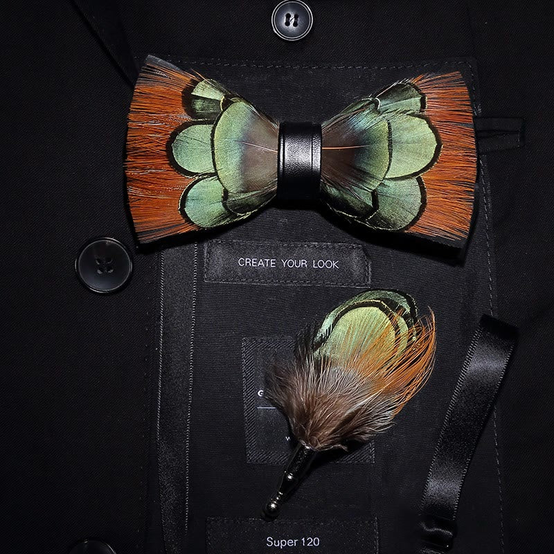 Kid's Lightgreen & Brown Feather Bow Tie - Image 3
