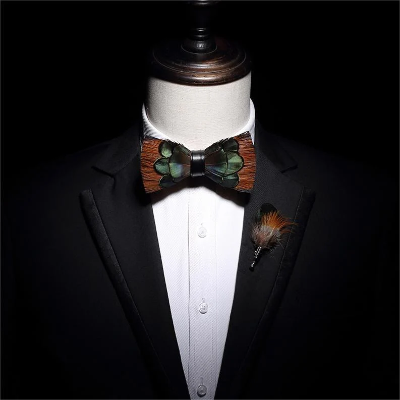 Kid's Lightgreen & Brown Feather Bow Tie - Image 4