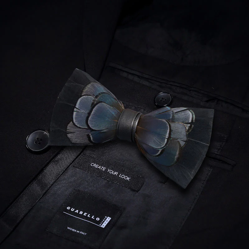 Kid's MidnightBlue Mysterious Feather Bow Tie with Lapel Pin - Image 3