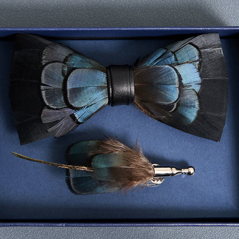 Kid's MidnightBlue Mysterious Feather Bow Tie with Lapel Pin - Image 4