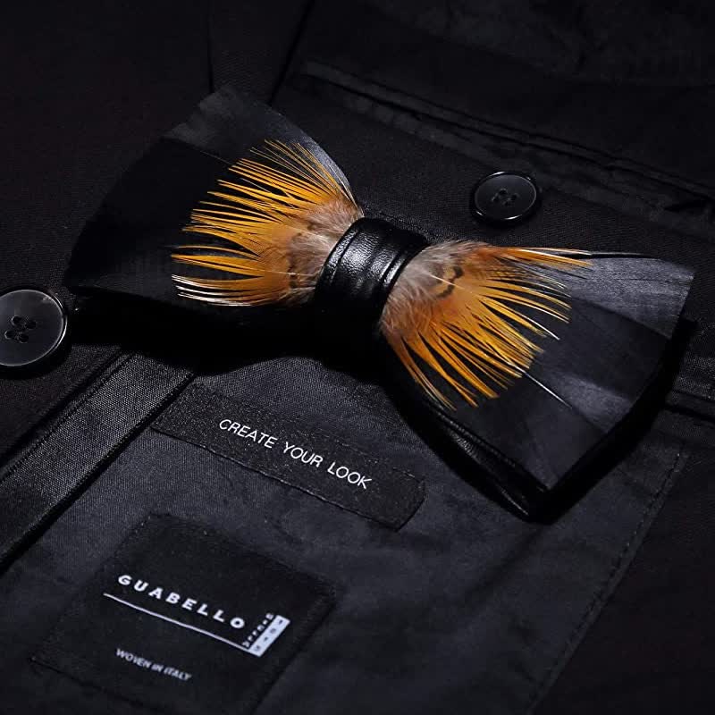 Kid's Orange & Black Sunflower Feather Bow Tie with Lapel Pin - Image 2
