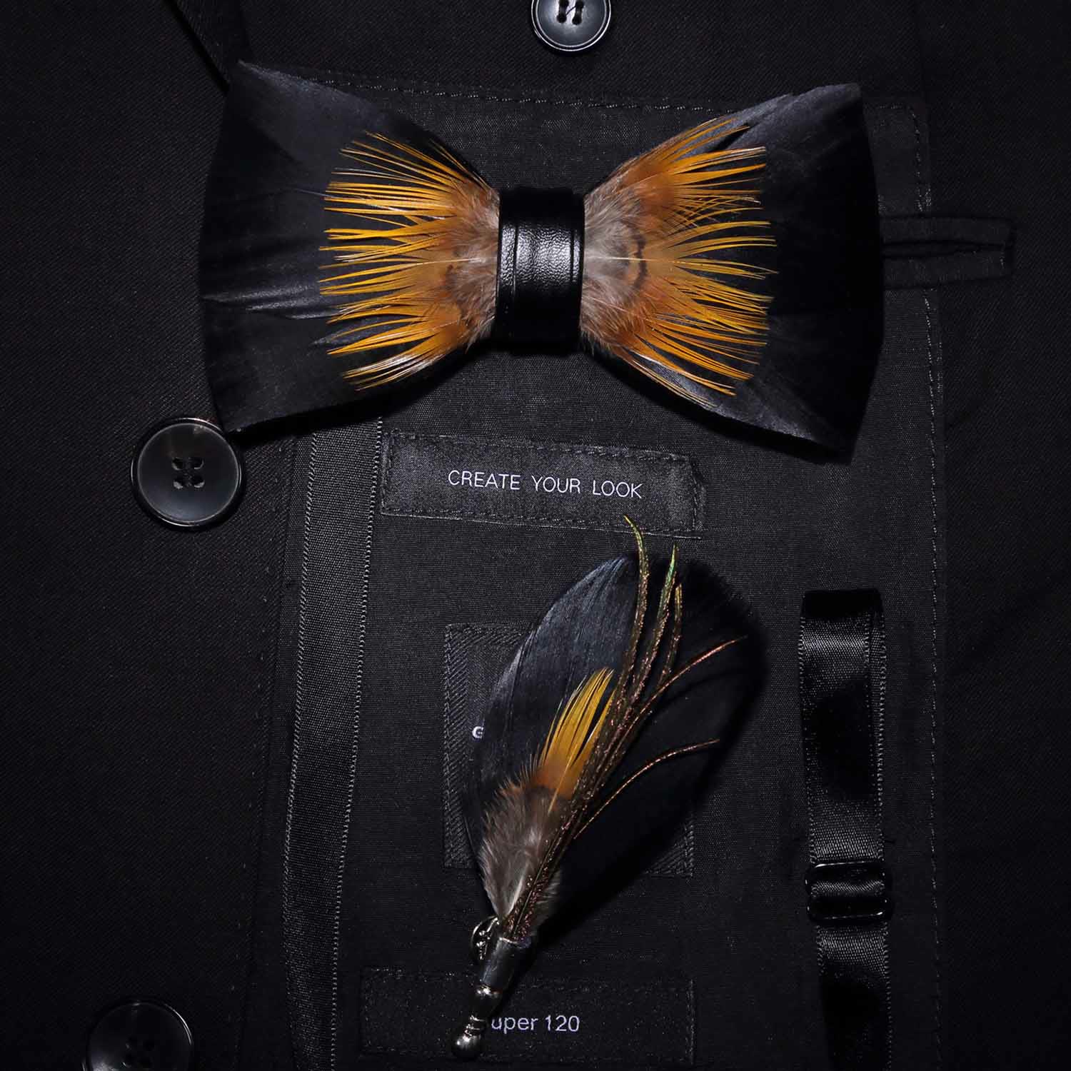 Kid's Orange & Black Sunflower Feather Bow Tie with Lapel Pin - Image 3