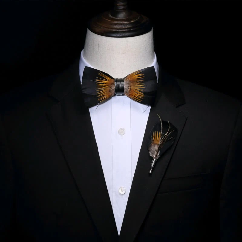 Kid's Orange & Black Sunflower Feather Bow Tie with Lapel Pin - Image 4