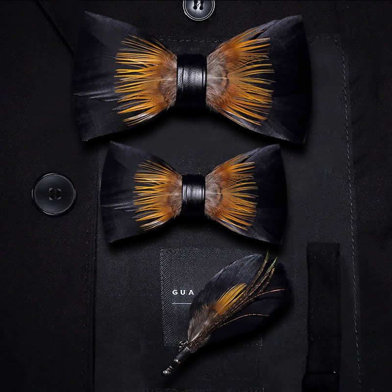 Kid's Orange & Black Sunflower Feather Bow Tie with Lapel Pin - Image 5