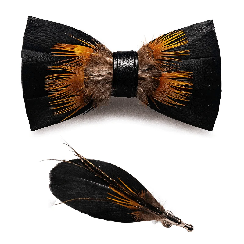 Kid's Orange & Black Sunflower Feather Bow Tie with Lapel Pin - Image 7
