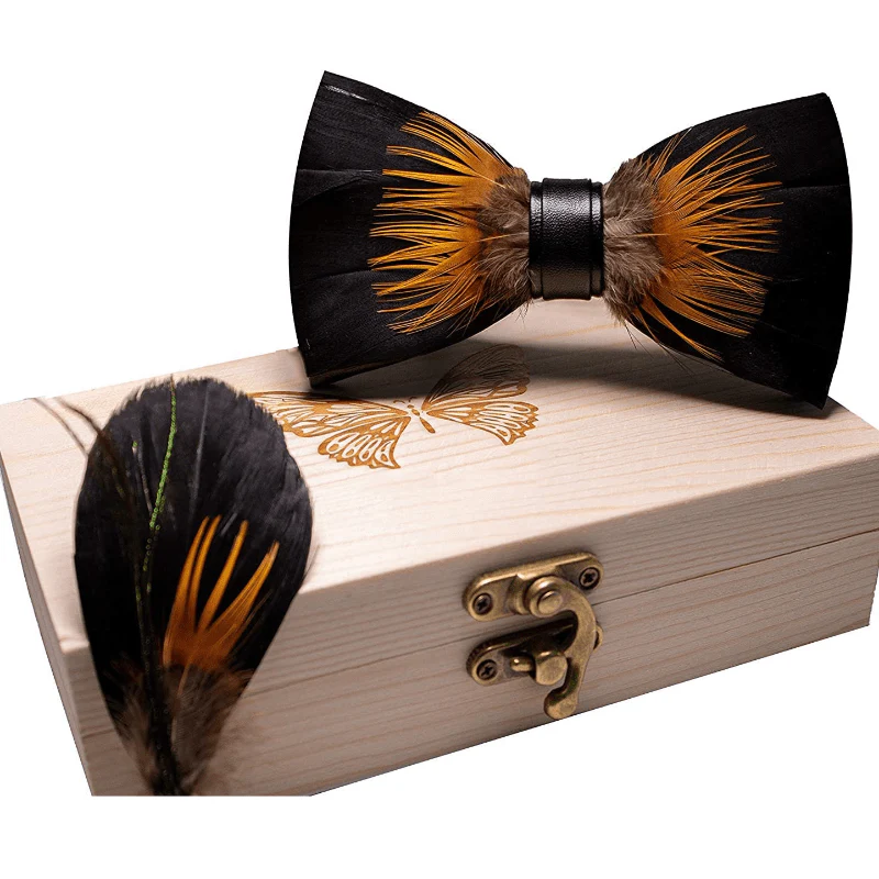 Kid's Orange & Black Sunflower Feather Bow Tie with Lapel Pin - Image 8