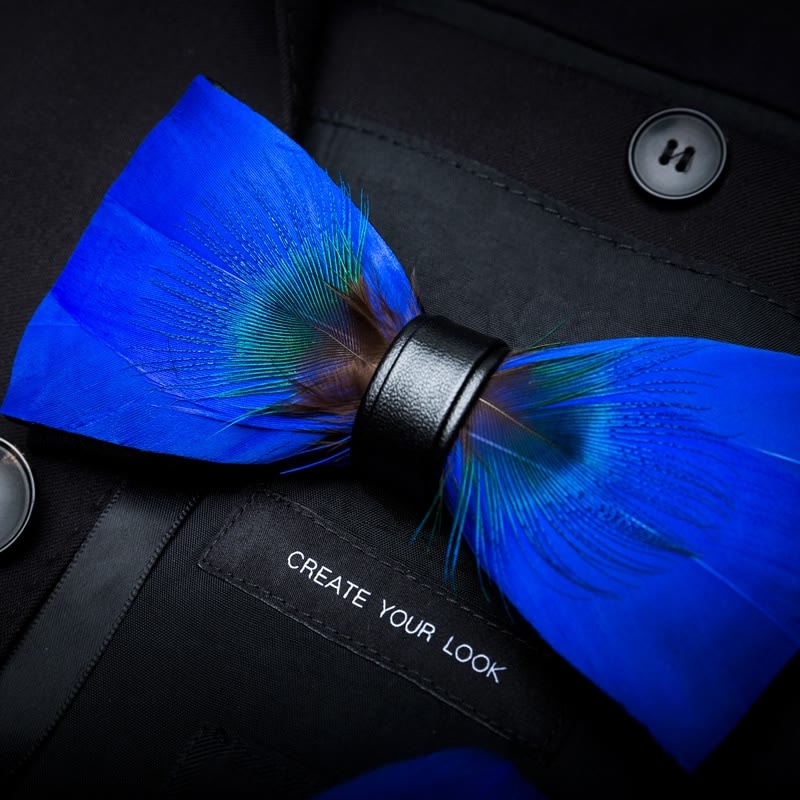 Kid's Oxford Blue Peacock Feather Bow Tie with Lapel Pin - Image 2