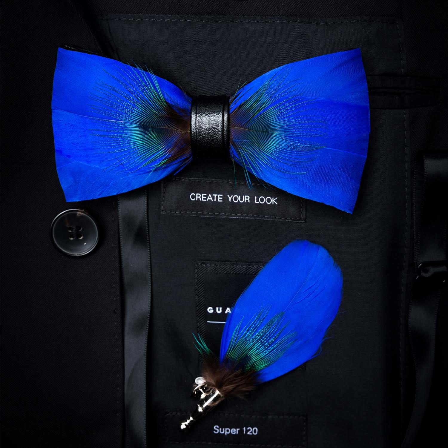Kid's Oxford Blue Peacock Feather Bow Tie with Lapel Pin - Image 4