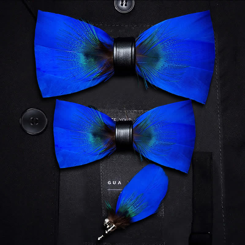 Kid's Oxford Blue Peacock Feather Bow Tie with Lapel Pin - Image 6
