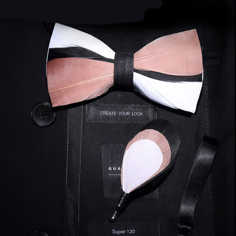 Kid's Pale Pink & White Wavy Feather Bow Tie with Lapel Pin - Image 3