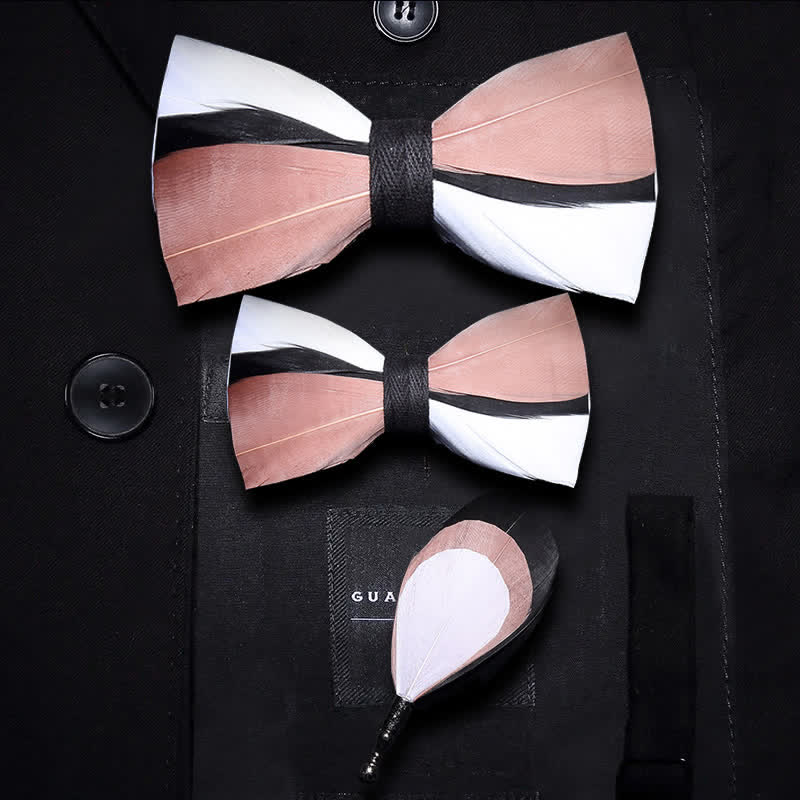 Kid's Pale Pink & White Wavy Feather Bow Tie with Lapel Pin - Image 4