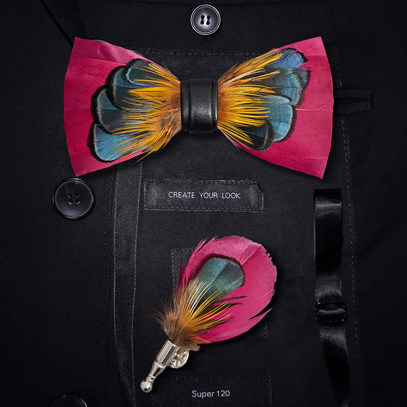Kid's Pink & Orange Symmetrical Feather Bow Tie with Lapel Pin