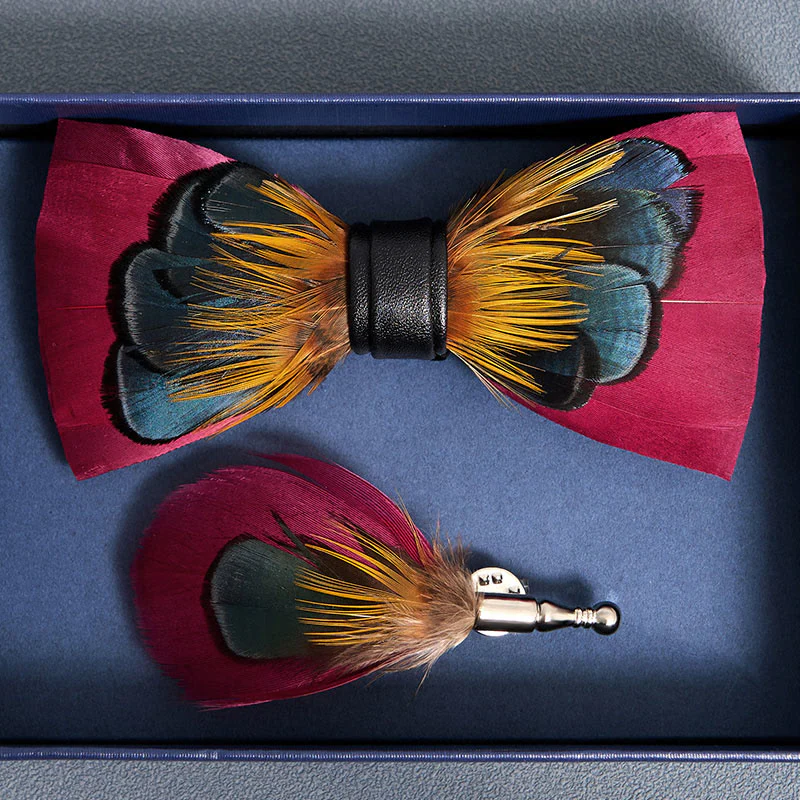 Kid's Pink & Orange Symmetrical Feather Bow Tie with Lapel Pin - Image 4