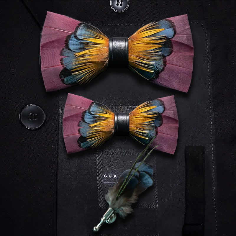 Kid's Pink & Orange Symmetrical Feather Bow Tie with Lapel Pin - Image 5