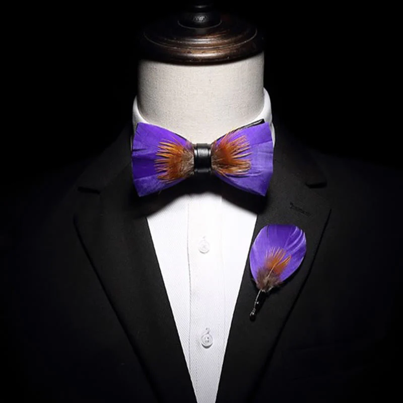 Kid's Purple & Orange Embellished Feather Bow Tie with Lapel Pin - Image 4