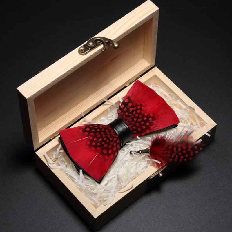 Kid's Red & Black Finch Feather Bow Tie with Lapel Pin - Image 4