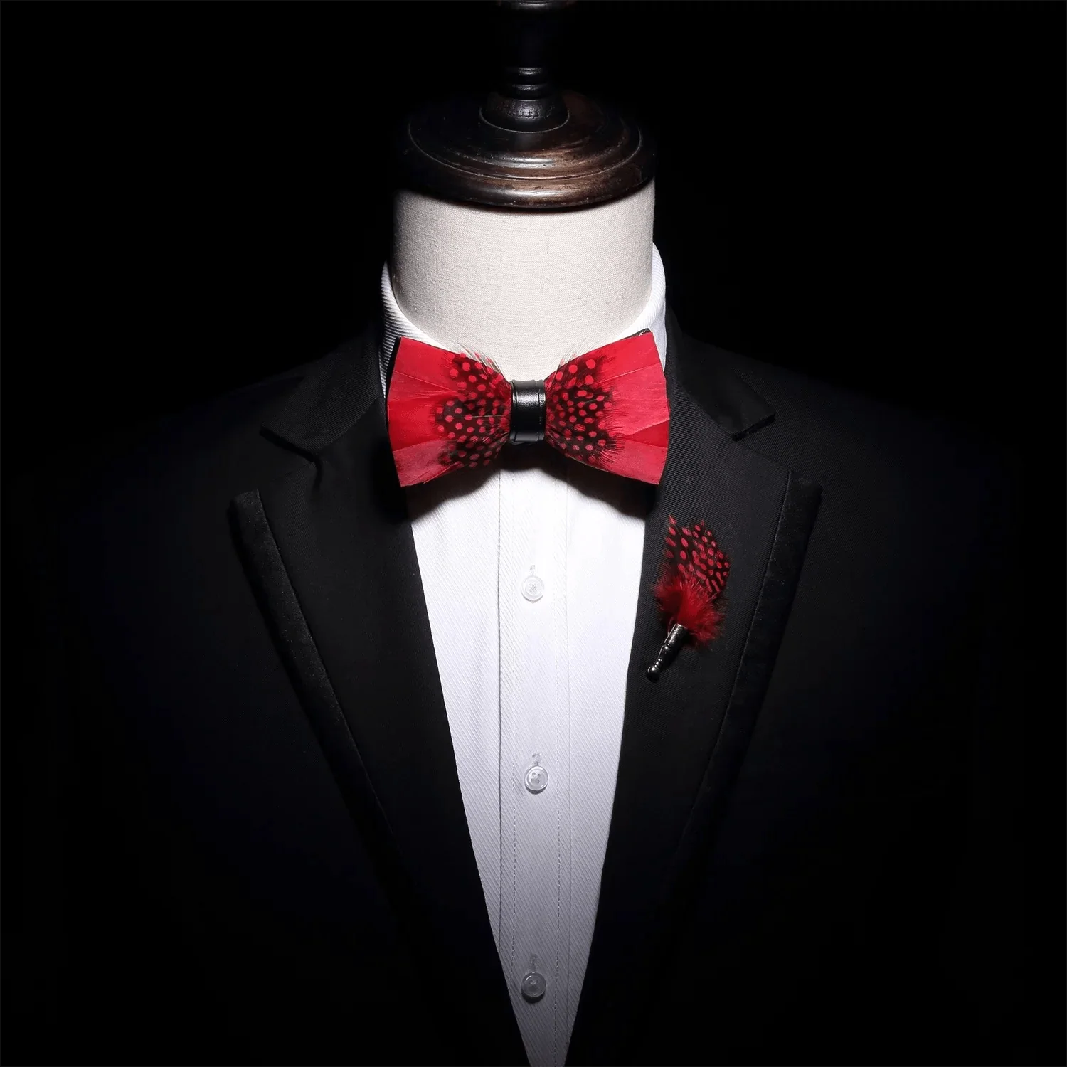 Kid's Red & Black Finch Feather Bow Tie with Lapel Pin - Image 5
