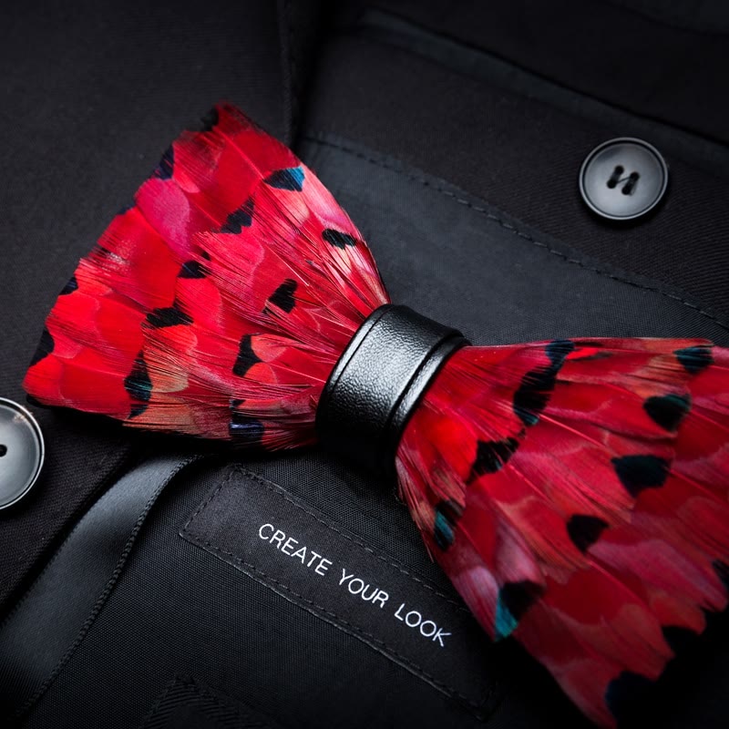 Kid's Red Finch Tail Feather Bow Tie with Lapel Pin - Image 2