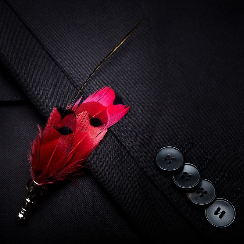 Kid's Red Finch Tail Feather Bow Tie with Lapel Pin - Image 3