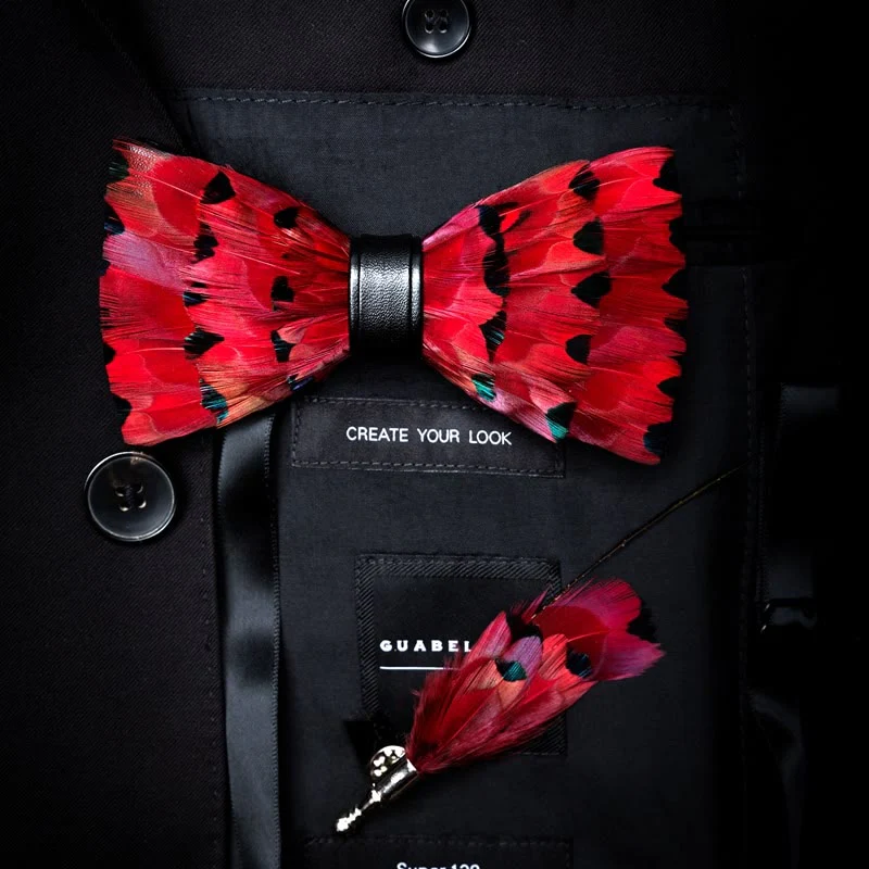 Kid's Red Finch Tail Feather Bow Tie with Lapel Pin - Image 4