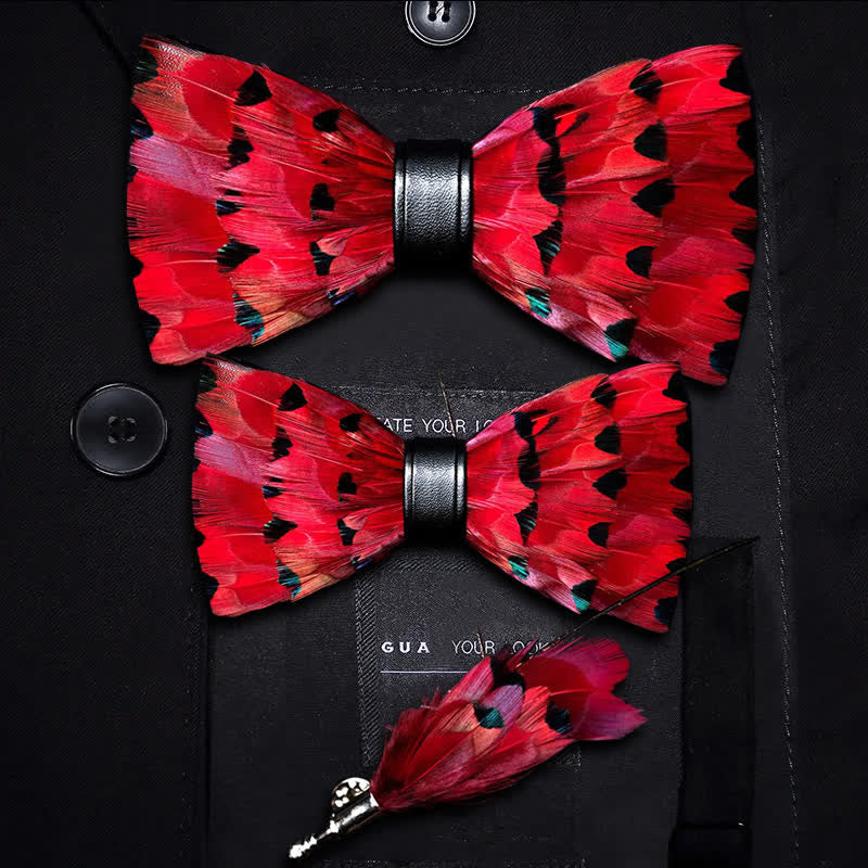 Kid's Red Finch Tail Feather Bow Tie with Lapel Pin - Image 5