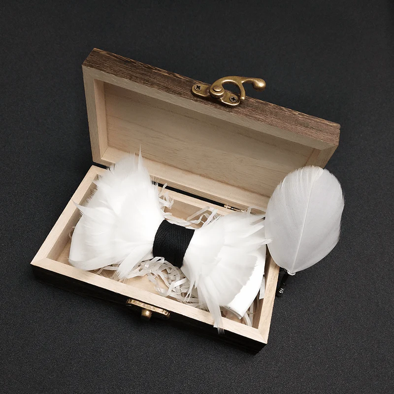 Kid's White & Black Elegant Feather Bow Tie with Lapel Pin - Image 2
