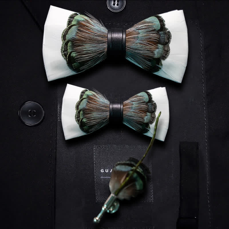 Kid's White & Emerald Green Feather Bow Tie with Lapel Pin - Image 4