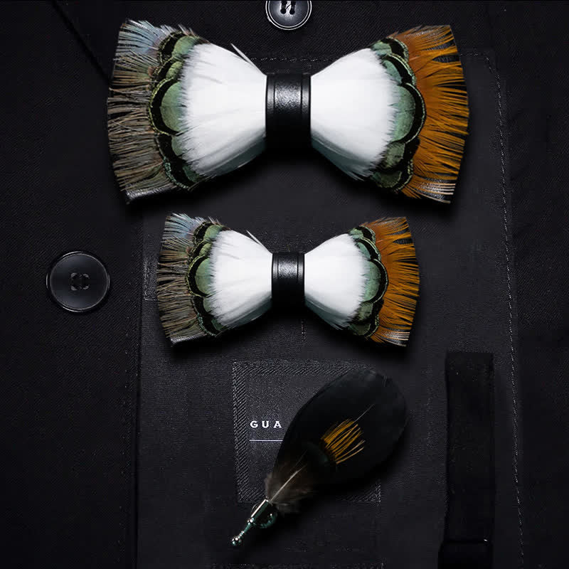 Kid's White & Multicolored Finch Feather Bow Tie with Lapel Pin - Image 4