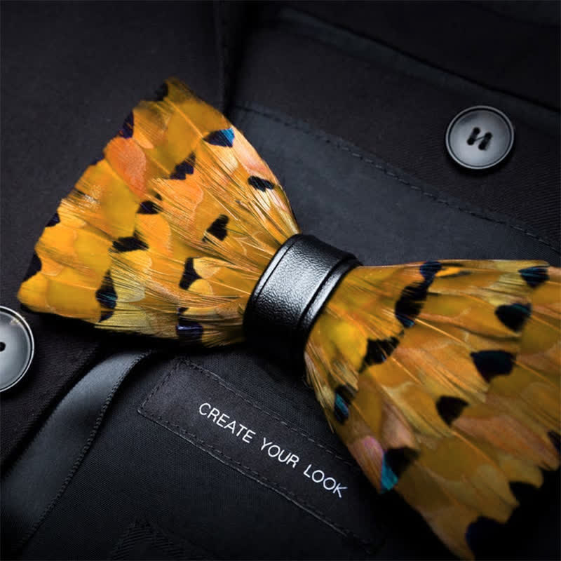 Kid's Yellow & Gold Finch Tail Feather Bow Tie with Lapel Pin - Image 2