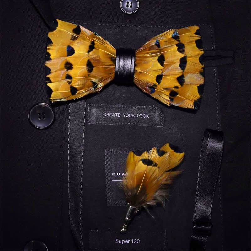 Kid's Yellow & Gold Finch Tail Feather Bow Tie with Lapel Pin - Image 3