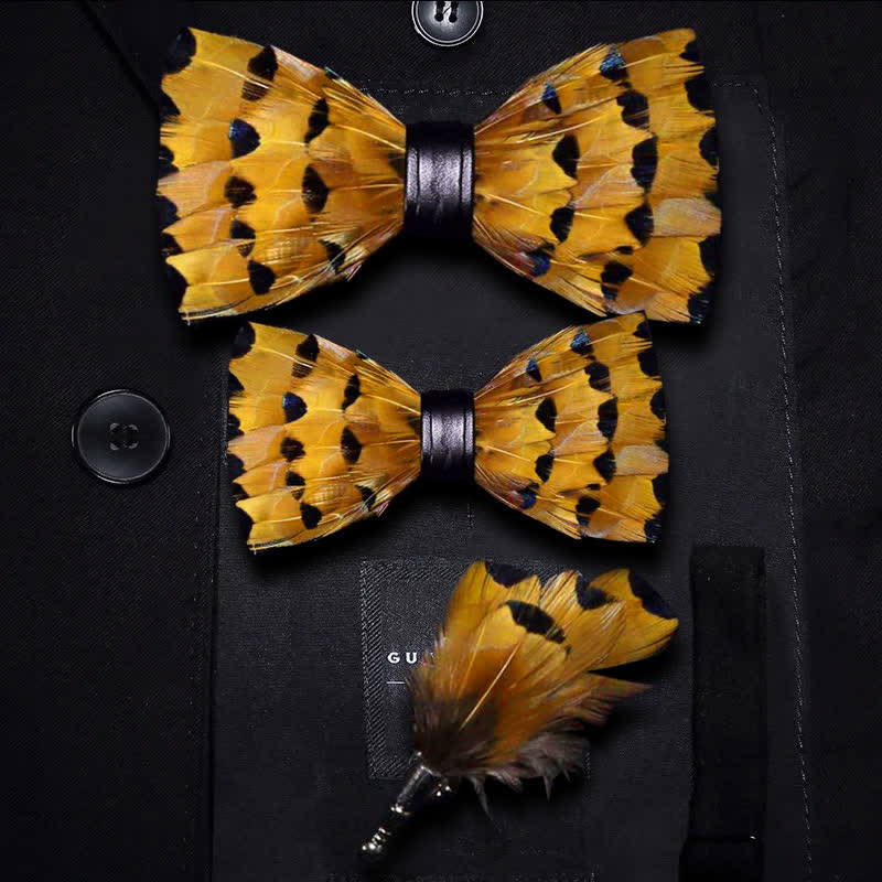 Kid's Yellow & Gold Finch Tail Feather Bow Tie with Lapel Pin - Image 4