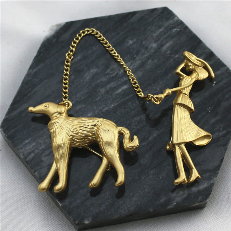 Lady and Hound Gold Chain Brooch - Image 2