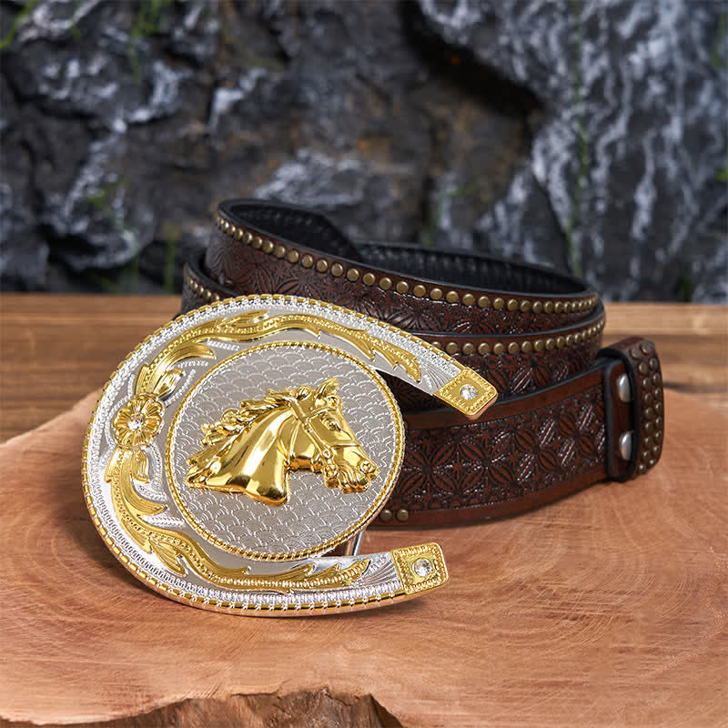 Large Horseshoe Shape DIY Western Buckle Leather Belt  - Image 6