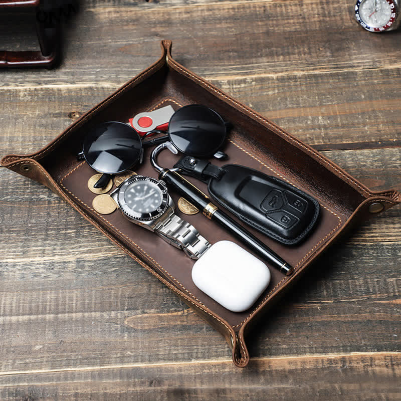 Large Rectangle Leather Custom Name Foldable Valet Tray