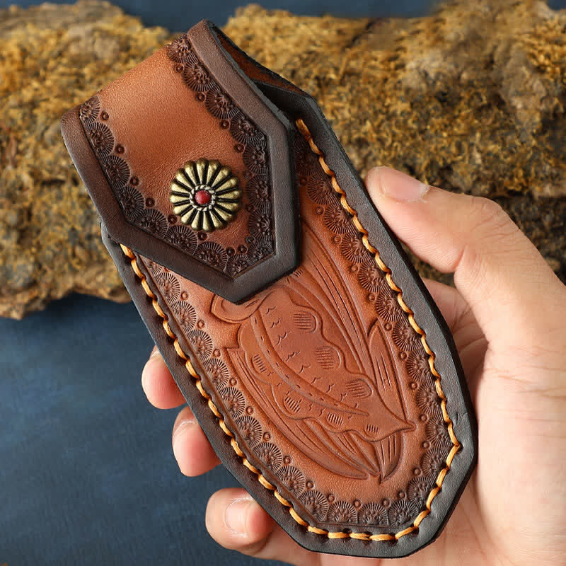 Leaves Embossing Pattern Folding Knife Sheath Leather Belt Bag - Image 4