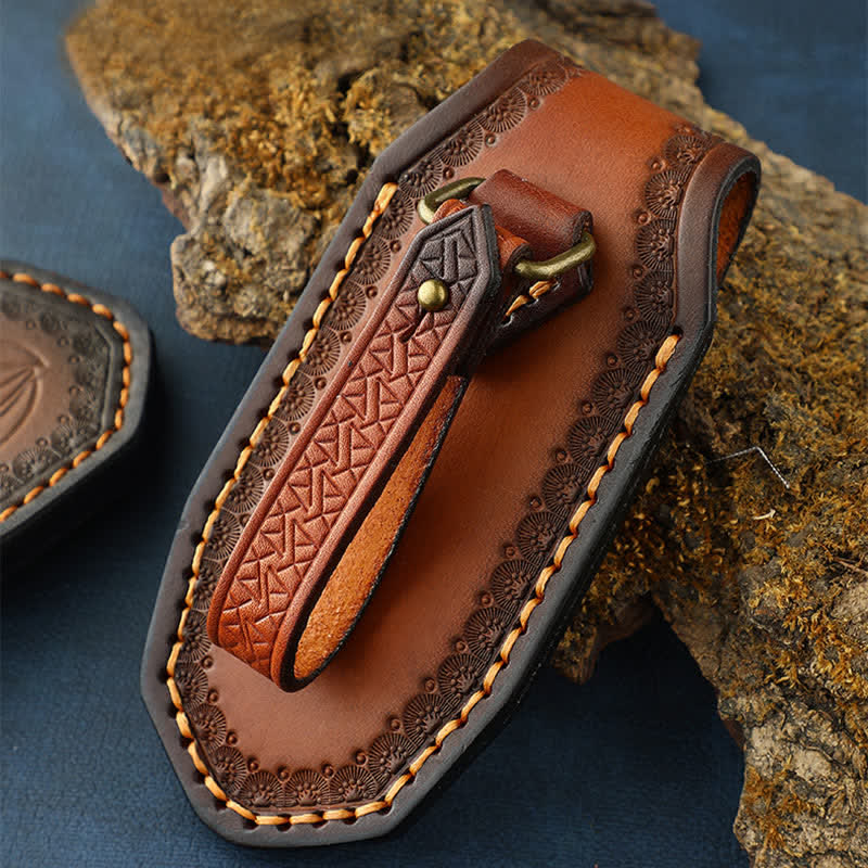 Leaves Embossing Pattern Folding Knife Sheath Leather Belt Bag - Image 5