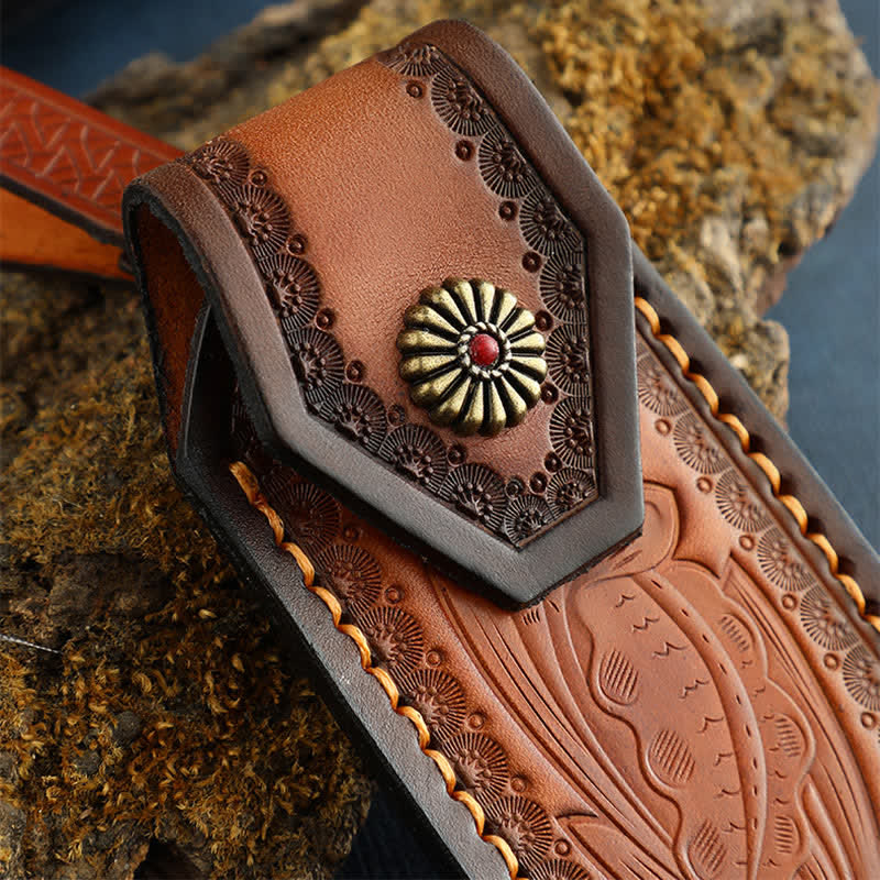 Leaves Embossing Pattern Folding Knife Sheath Leather Belt Bag - Image 6