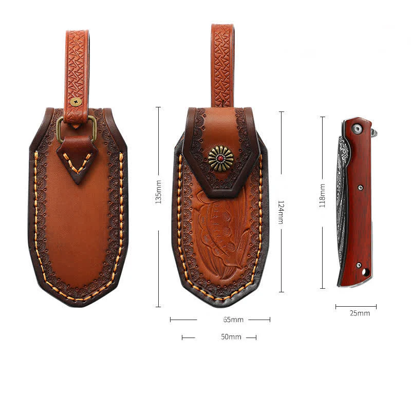 Leaves Embossing Pattern Folding Knife Sheath Leather Belt Bag - Image 7