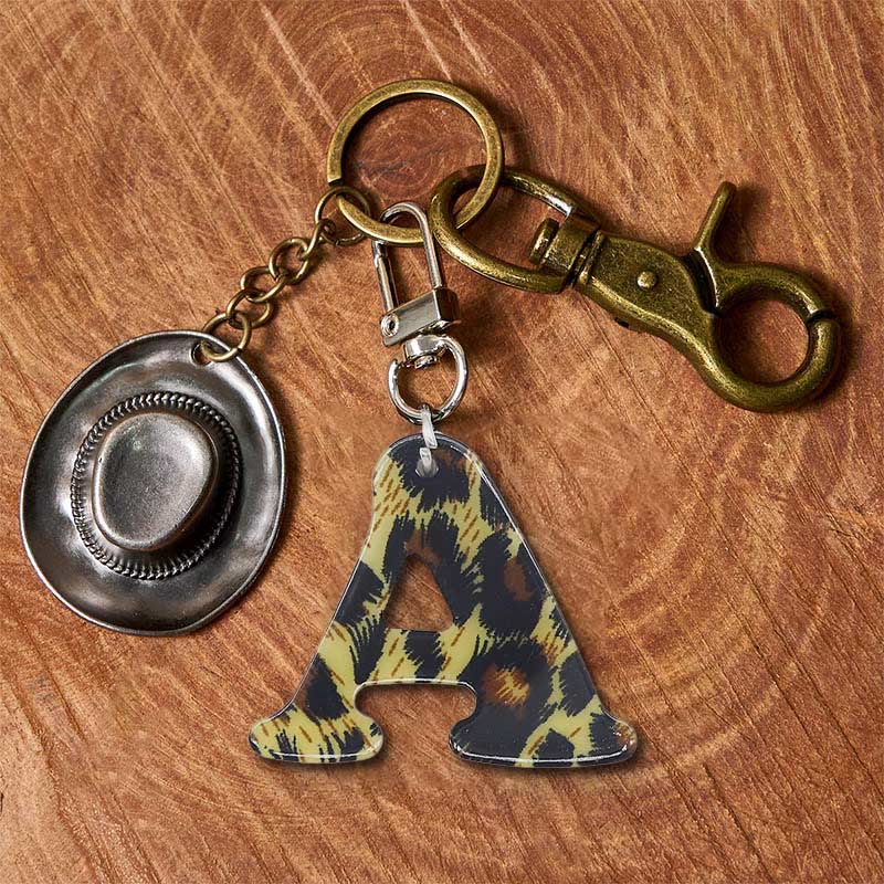 Leopard Print Letter & Cowboy Hat Pendant Keychain
